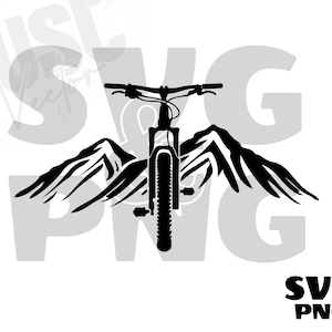 May include: Black and white silhouette of a mountain bike with a mountain range in the background.