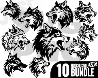 10 design ferocious Wolf bundle svg, Angry Wolf svg, Angry Wolf PNG, Wolf SVG, animal face svg, printable, Instant Digital Download.