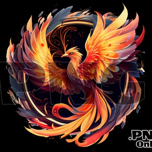 May include: A fiery orange and yellow phoenix bird with purple and blue accents is depicted in a circular design with black and gold accents. The phoenix is surrounded by a swirling, abstract design.