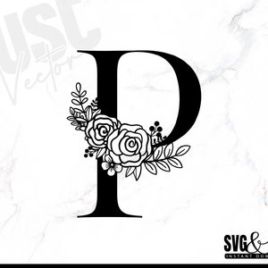 May include: Black and white floral design featuring the letter P with a floral arrangement of roses and leaves.