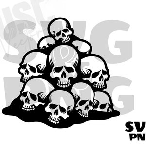 May include: A pile of black and white skulls, arranged in a pyramid shape, with the top skull facing forward. The skulls are all detailed with eye sockets, noses, and teeth.