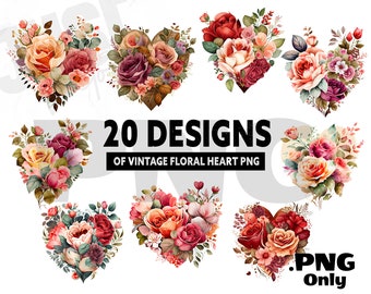 20 designs of vintage floral heart png valentine's day, PNG Sublimation, flower design bundle, floral heart png, love png, watercolor floral