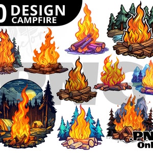 May include: Ten different cartoon illustrations of campfires with flames and logs. The illustrations are set against various backgrounds, including forests, mountains, and lakes.  The text "10 DESIGN CAMPFIRE" appears at the top of the image.  The text ".PNG Only" appears at the bottom of the image.