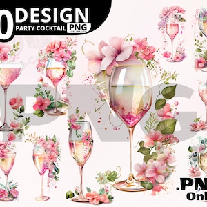 Painted champagne glass with flowers, Watercolor Party png, cocktail glasses, Pink birthday art, New years clipart, sublimation png
