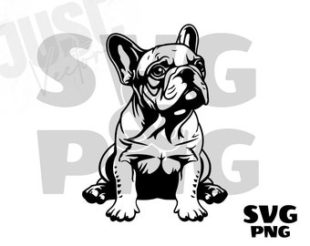 May include: Black and white illustration of a French Bulldog sitting with its legs crossed. The dog has a serious expression on its face.