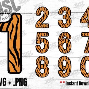 May include: A set of ten tiger stripe numbers, 0 through 9, in orange and black. The numbers are outlined in black and have a woodgrain background.