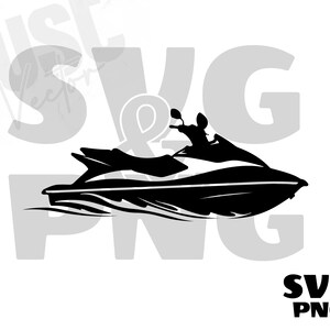May include: Black and white silhouette of a jet ski, a type of personal watercraft, with a rider on board. The jet ski is shown in profile, with the rider sitting in the front.