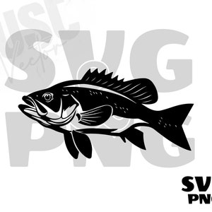 May include: Black and white silhouette of a fish with fins and a mouth open. The fish is facing the right side of the image.
