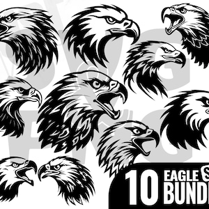 Op de afbeelding: Een set van 10 zwart-wit illustraties van adelaarskoppen. De adelaarskoppen zijn in verschillende poses, sommige kijken naar links en sommige kijken naar rechts. De illustraties zijn in een eenvoudige, grafische stijl.