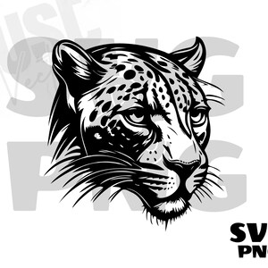 May include: Black and white illustration of a leopard's head, showcasing detailed fur patterns and facial features. The image includes the text "SVG PNG".