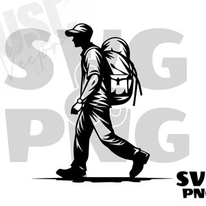 Può includere: Silhouette in bianco e nero di una persona con un berretto e uno zaino grande. La persona sta camminando verso destra.