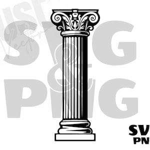 Puede incluir: Ilustración en blanco y negro de una columna romana clásica con un capitel decorativo.