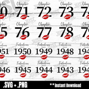 Chapter 70 71 72 73 74 75 76 77 78 79, Fabulous Since,1951,1950,1949,1948,1947,1946,1945,1944,1943, 1942, Fabulous ,70th,75th,79th,Kiss svg
