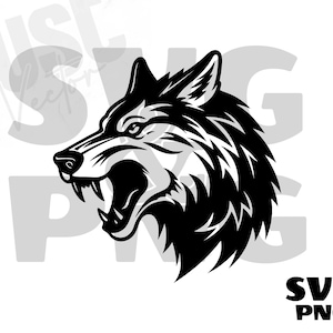 May include: Black and white illustration of a wolf's head with a snarling expression. The wolf's fur is detailed with sharp lines and a textured look.