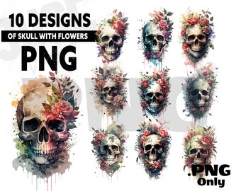 May include: Ten watercolor skull designs with flowers. Each skull is surrounded by colorful flowers and leaves. The skulls are white with black eye sockets and a black nose. The flowers are in shades of pink, red, purple, blue, and yellow. The background is white.