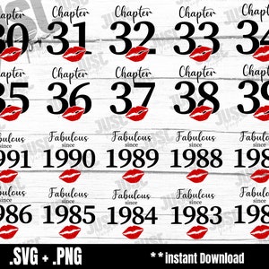 May include: A set of ten digital cut files featuring red lips and black text. The text reads "Chapter" followed by a number from 30 to 39. Below each number is the text "Fabulous since" followed by a year from 1991 to 1982.