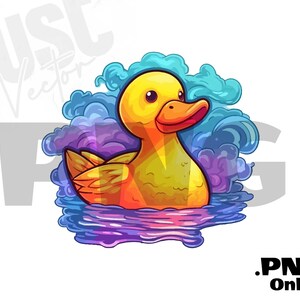 K&ouml;nnte beinhalten: Eine gelbe Gummiente aus einem Cartoon mit einem leuchtend orangefarbenen Schnabel und F&uuml;&szlig;en schwimmt in einem bunten Strudel aus blauem, violettem und rosa Wasser.