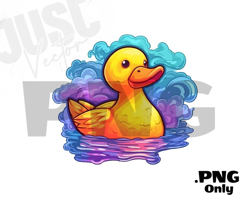 K&ouml;nnte beinhalten: Eine gelbe Gummiente aus einem Cartoon mit einem leuchtend orangefarbenen Schnabel und F&uuml;&szlig;en schwimmt in einem bunten Strudel aus blauem, violettem und rosa Wasser.