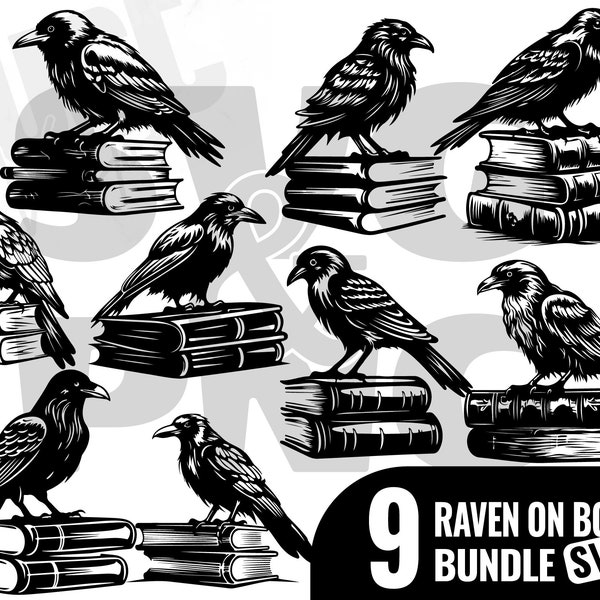 raven on books SVG, Raven With Book svg, Crow Svg, Gothic Svg, Wildlife, Halloween Svg, Gothic Crow SVG, black bird clip art, Crow Svg