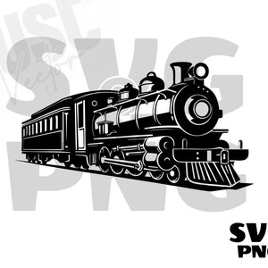 May include: Black and white silhouette of a vintage steam locomotive with a passenger car. The locomotive has a large smokestack and a bell. The passenger car has windows and doors.