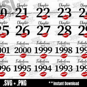 May include: A set of ten black and white digital designs featuring the words "Chapter" and numbers 20 through 29, with the text "Fabulous since" and years 2001 through 1992. Each design includes a red lip graphic.