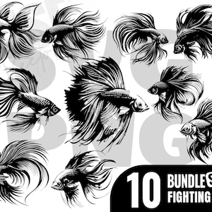 Pode incluir: Um conjunto de 10 ilustrações vetoriais em preto e branco de peixes de combate. Os peixes estão em várias poses, com as suas barbatanas estendidas. As ilustrações são perfeitas para usar em uma variedade de projetos, como designs de camisetas, gráficos de sites e publicações em redes sociais.