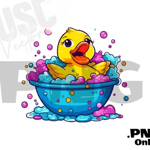 K&ouml;nnte beinhalten: Eine gelbe Gummi-Ente nimmt ein Bad in einer blauen Sch&uuml;ssel mit bunten Blasen. Die Ente hat einen fr&ouml;hlichen Gesichtsausdruck.