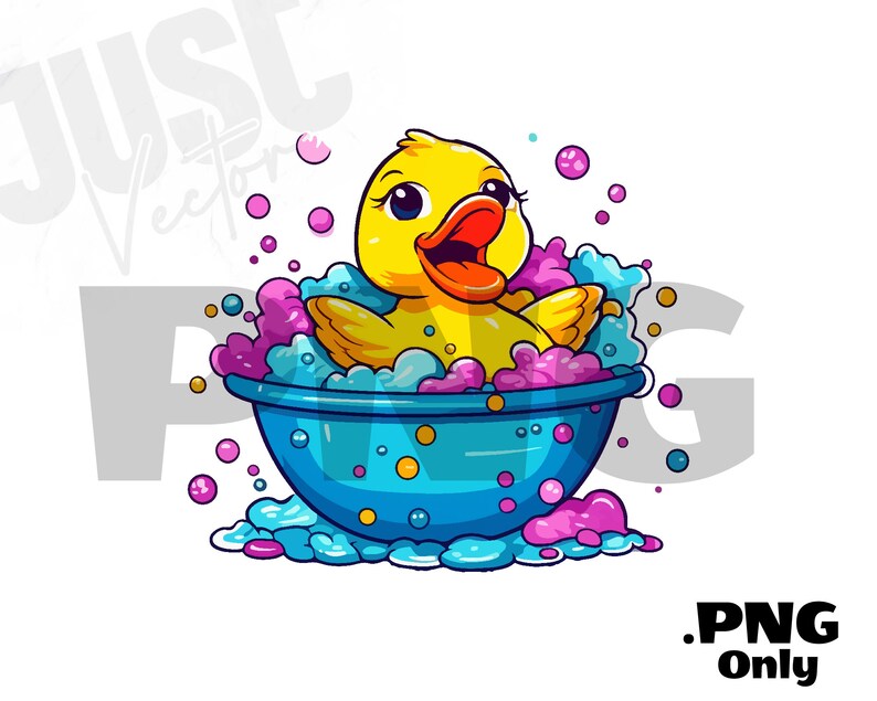 K&ouml;nnte beinhalten: Eine gelbe Gummi-Ente nimmt ein Bad in einer blauen Sch&uuml;ssel mit bunten Blasen. Die Ente hat einen fr&ouml;hlichen Gesichtsausdruck.