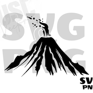 May include: Black silhouette of a volcano erupting with lava flowing down the sides. The volcano is isolated on a white background.