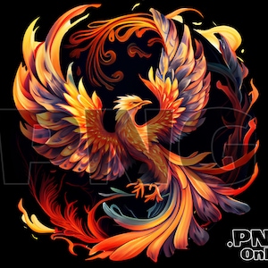 Puede incluir: Un fénix naranja y amarillo ardiente con acentos azules y morados, elevándose desde un círculo de llamas. El fénix se representa con las alas extendidas y las plumas de la cola fluyendo detrás de él.