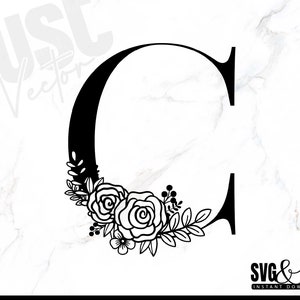May include: Black and white floral design featuring the letter C. The letter is surrounded by stylized flowers and leaves.