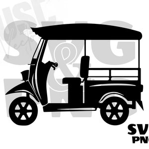 Puede incluir: Silueta en blanco y negro de un auto-rickshaw de tres ruedas, también conocido como tuk-tuk, con una capota y un asiento trasero.