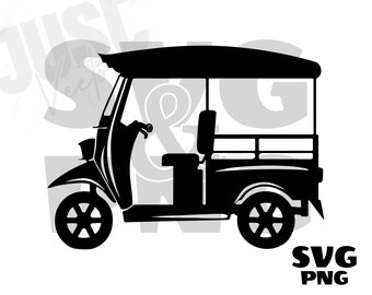 May include: Black and white silhouette of a three-wheeled auto rickshaw, also known as a tuk-tuk, with a canopy and a back seat.