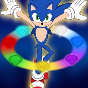 May include: Illustration of Sonic the Hedgehog with outstretched arms, surrounded by a colorful ring of gems. Sonic is blue with white gloves and red shoes. The background is a gradient of blue.