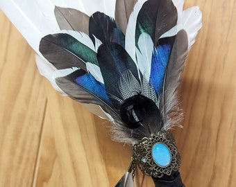 Smudge Feather Witches Wand Moonstone Water Element Healing Magic - ethically sourced goose and duck feathers from our ranch