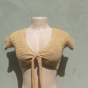 CROCHET MINI TOP - Crochet  Tie Front Mini Crop Top- Crop Top- Crochet Top - Top with  Sleeves- Crochet- Women&#39;s  Top