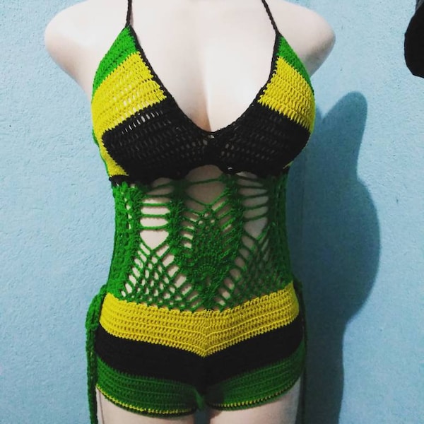 JAMAICA MONOKINI- Crochet monokini- shorts monokini- Jamaica color monokini - yellow black and green crochet monokini