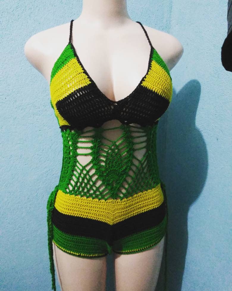 Crochet Jamaica Monokini: Green, Yellow & Black Cotton Swimsuit