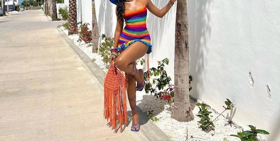 rainbow crochet mini dress Club Exx Rainbow Crochet Bell Sleeve Mini Dress