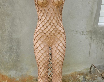 Handgehäkeltes langes Netzkleid - Sexy Strick-Strandvertuschung