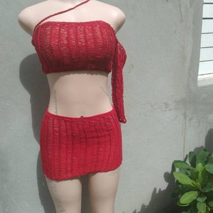 Crochet Mini Skirt Set: One Shoulder Crop Top, Rave Outfit