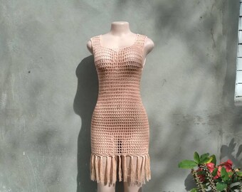 Crochet Fringe Cover-Up Dress – Cotton Mesh Boho Beach Dress