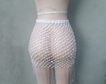 Handmade Macrame Pearl Mesh Skirt – Boho Festival Outfit