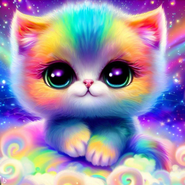 Sublimation de chaton mignon, portrait de chat arc-en-ciel, chat JPG, conception de chaton coloré, art de chaton arc-en-ciel, conception de chemise de filles, conception de POD, art de POD