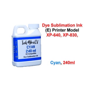 May include: A white plastic bottle of cyan dye sublimation ink. The bottle has a handle and a white cap. The label reads "Ink 4YouLV CYAN 240 ml (E) Compatible Dye Sublimation Ink". The text "Cyan, 240ml" is also visible.