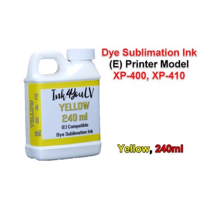 May include: A white plastic bottle of yellow dye sublimation ink, labelled "Ink 4 Youl V YELLOW 240 ml." The bottle has a handle and a white cap. Text on the bottle indicates compatibility with printer models XP-400 and XP-410.