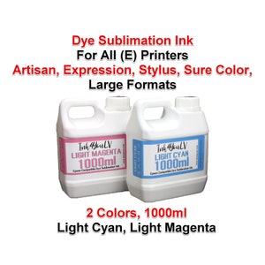 May include: Two white plastic ink bottles labeled "Light Magenta" and "Light Cyan" with 1000ml capacity. The bottles are for dye sublimation printers, compatible with Epson printers. Text on the image reads "Dye Sublimation Ink" and "2 Colors, 1000ml".