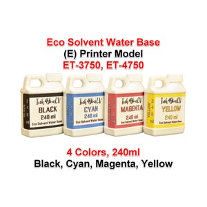Puede incluir: Cuatro botellas de tinta de impresora en negro, cian, magenta y amarillo. Cada botella está etiquetada con la marca "Ink 4YouLV" y contiene 240 ml de tinta eco-solvente a base de agua. La imagen también muestra el modelo de impresora.