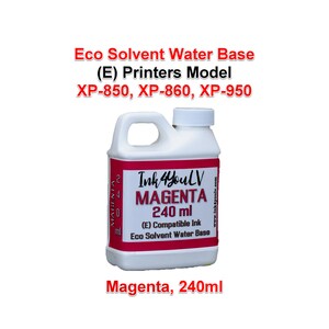 May include: A white plastic bottle of magenta printer ink, 240 ml. The label displays "Ink4YoulV MAGENTA" and "Eco Solvent Water Base." The bottle has a handle and a white cap. The text "Magenta, 240ml" is at the bottom.