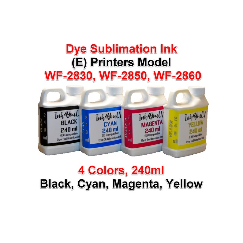 Pode incluir: Quatro frascos de tinta de sublima&ccedil;&atilde;o nas cores preto, ciano, magenta e amarelo. Cada frasco &eacute; rotulado com a cor e cont&eacute;m 240 ml de tinta. O texto nos frascos diz "Ink 4 YouLV". A imagem tamb&eacute;m exibe o texto "Dye Sublimation Ink (E) Printers Model WF-2830, WF-2850, WF-2860".